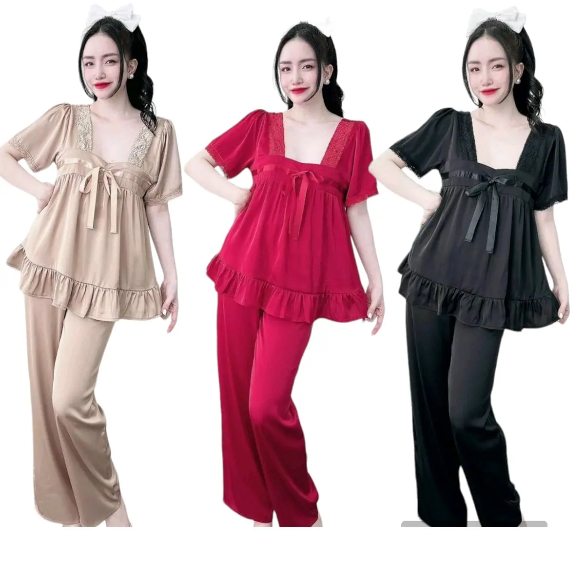 (Có 3 size) Set Bộ Lụa Xước Tiểu Thư Cổ Phối Ren Tay Ngắn Quần Dài Màu Trơn, Cho Nữ Chất Mềm Mát Ong Voi Nhung Nâu Kem đồ  bộ