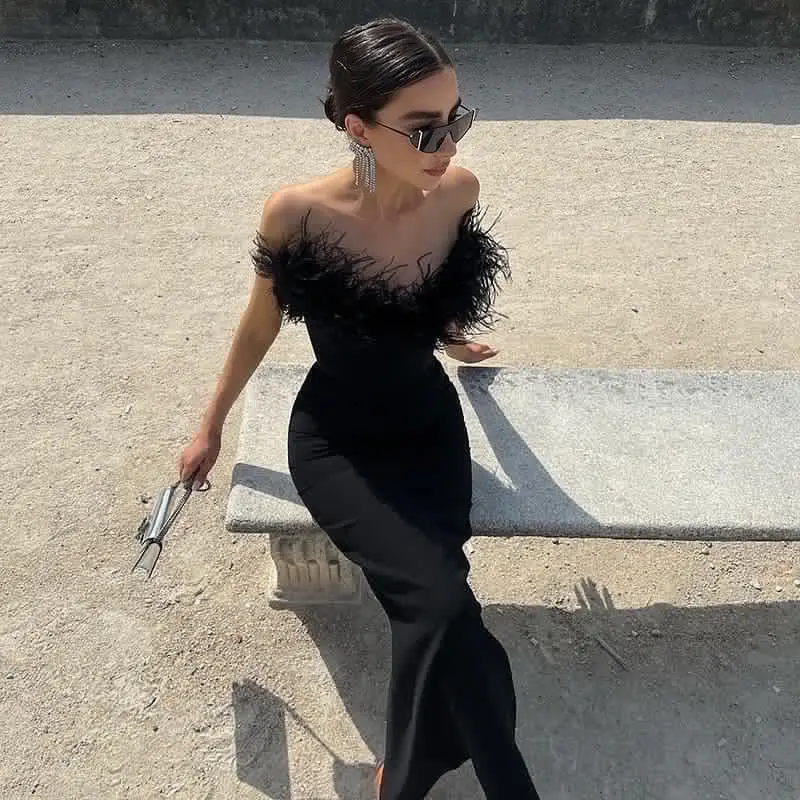 【𝗥𝗘𝗔𝗗𝗬】GRANDY - Mercia Fur Dress / Black Party Dress Pesta Wanita Bulu (FREE STRAP)
