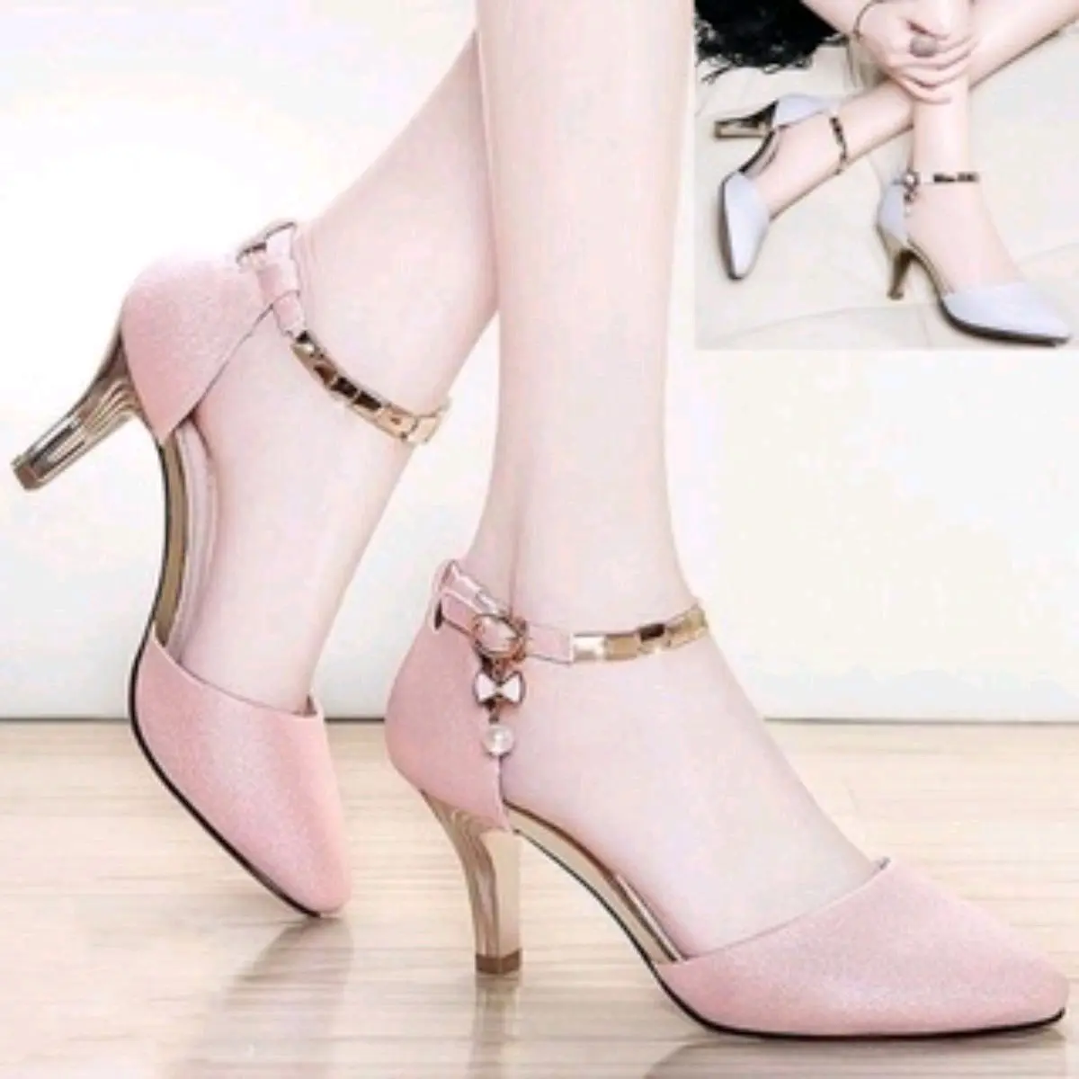 sepatu haig heels bapau tali pergelangan kaki Glitter Hak Tinggi (5-8 cm)
