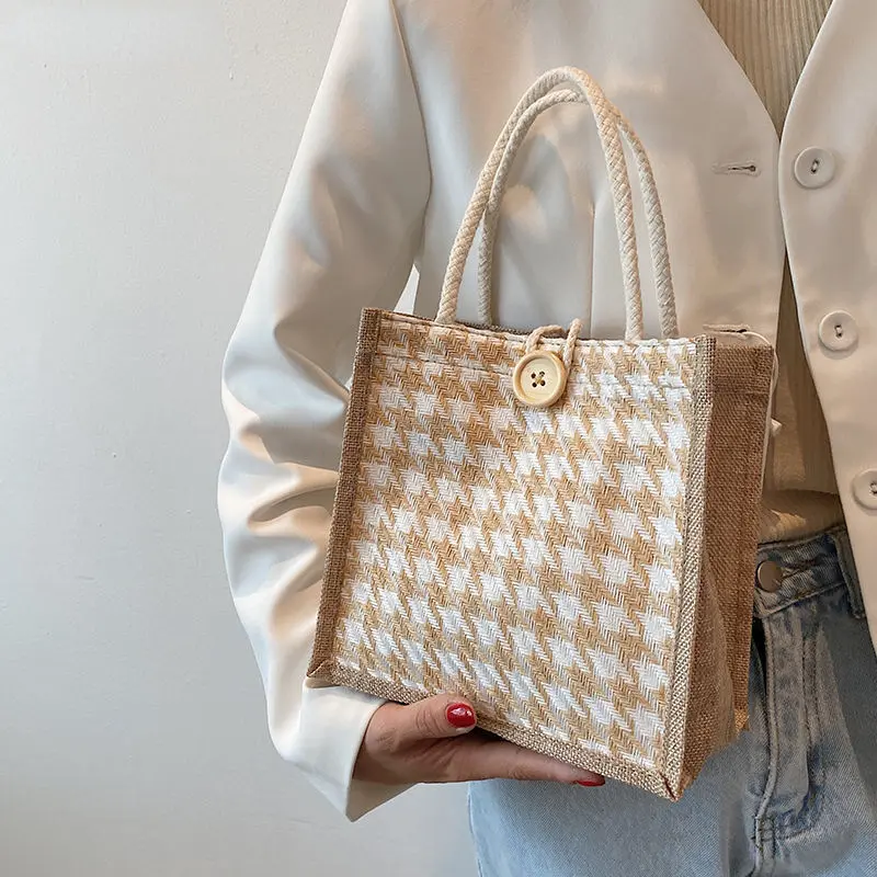 Houndstooth Lunch Bags Linen Fashion Large Capacity Food Storage Tote Bag Functional Portable Travel Picnic Outdoor Lady New