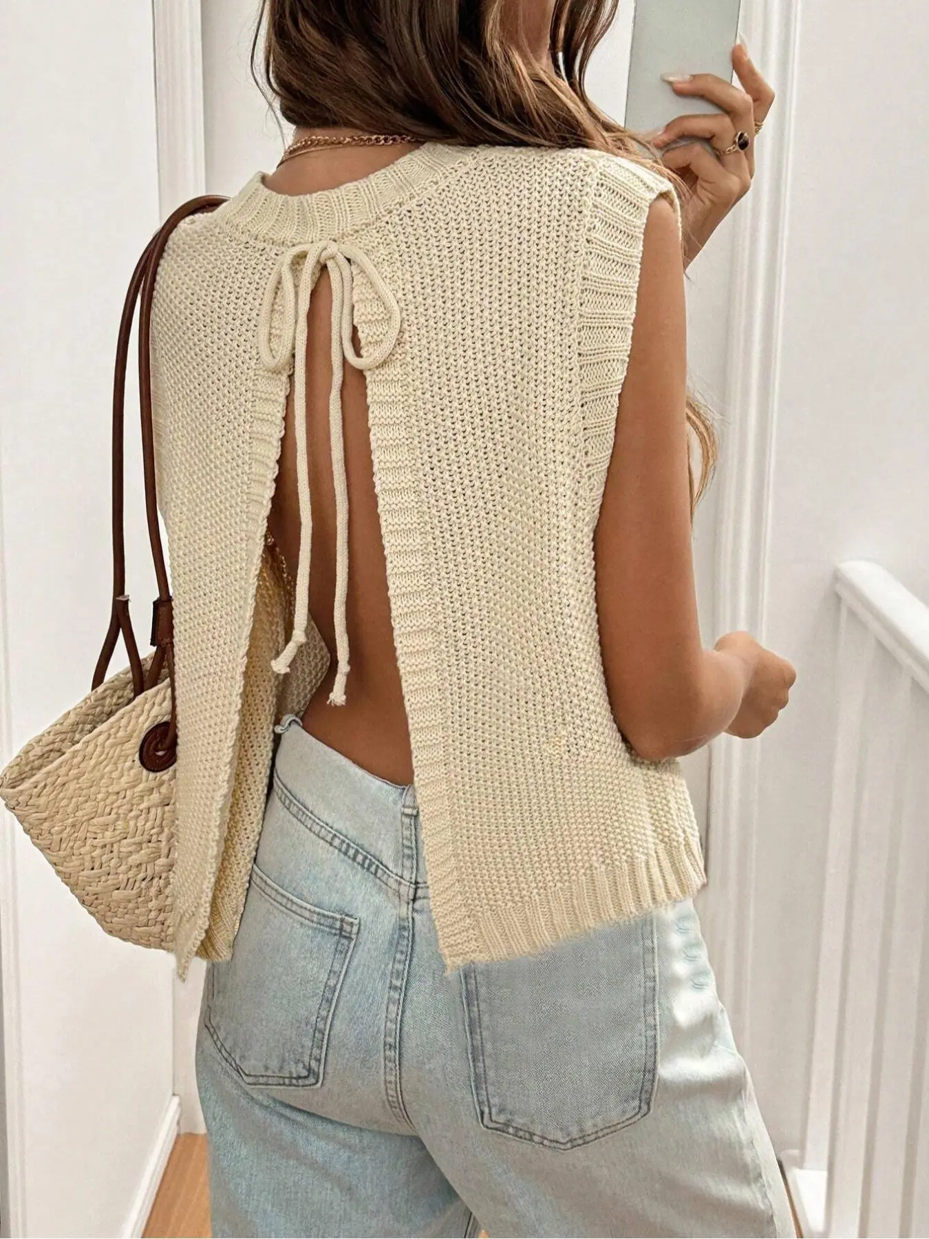 Women's Plain Tie Back Sweater Vest, Casual Sleeveless   Knit Top for Summer, Fashion Women's Knitwear for Daily Wear