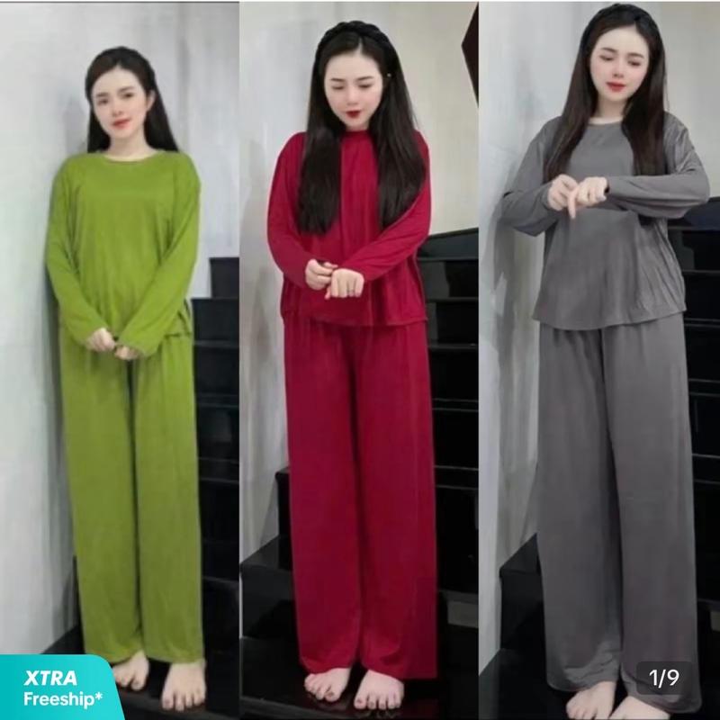 BỘ thun tăm gân lạnh , quần ống xuông co giãn mềm mát cho nữ - Áo, Ong - Women, đồ  bộ đồ  bộ đồ ủ kem thun lạnh Nhung Top set Voi Sen