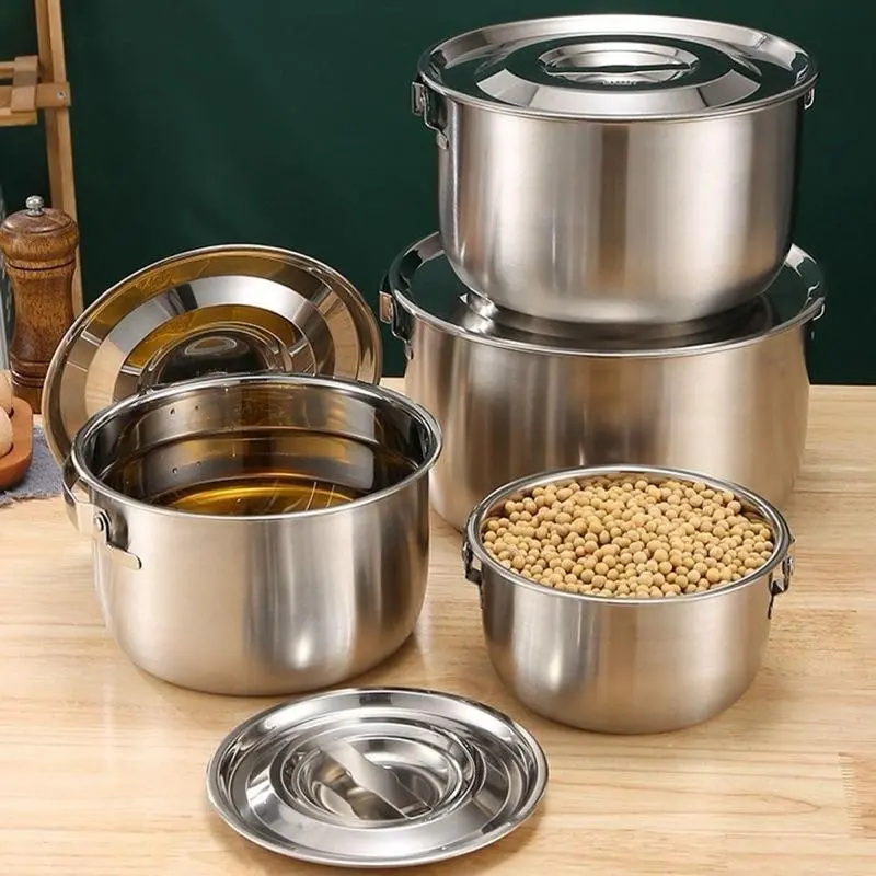 Âu tròn inox có nắp đậy 2.8L và 3.8L, Âu tròn kèm lọc dầu, Thố inox có tay cầm đựng thức ăn, tích trữ dầu mỡ đa năng