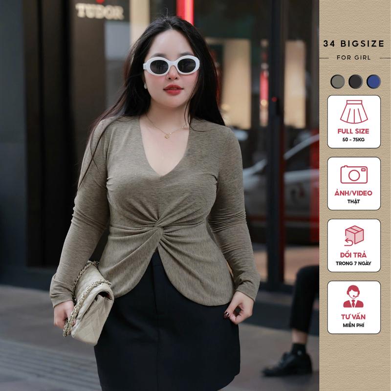 Áo thun bigsize vằn tay dài 34AT040, áo thun xoắn eo 34 Bigsize cho nữ tôn dáng đi làm đi chơi