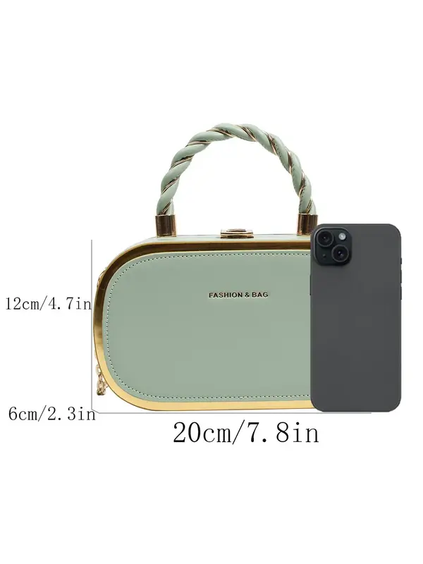 Women's Fashion Buckle Twist Decor Top Handle Chain Strap Crossbody Bag, Simple Letter Detail Metallic Trim Design All-match Box Bag, PU Leather Satchel, Unique Bags, Everyday Bags, Purse Women, Unique Gifts for Women 7