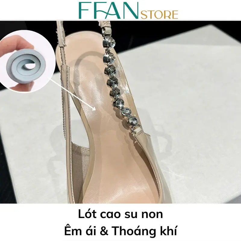 Giày cao gót mũi nhọn hở gót [da mềm mại] 9033 FFAN STORE, gót nhọn 7 9 phân bít mũi đính đá bigsize màu đen be da lộn DéP Nữ 6