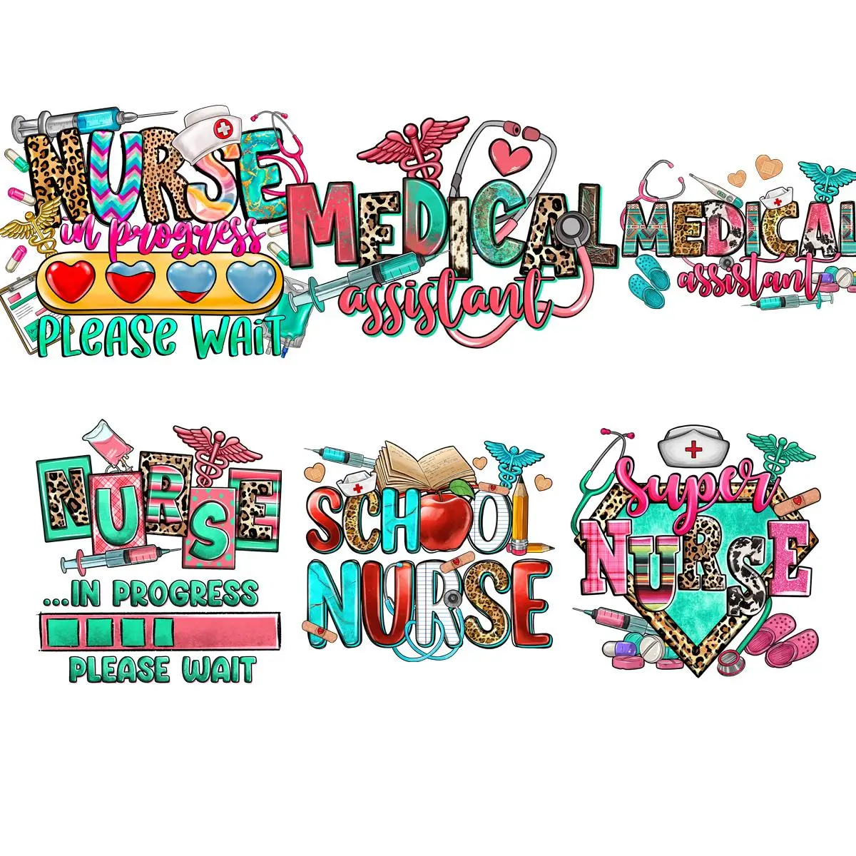 Medical Themed Alphabets & Medical Equipment Pattern Heat Transfer, 6 Counts Hospital Nurse Themed Heat Transfer Stickers, Fun DIY Materials For T-shirts & Hoodies & Bags