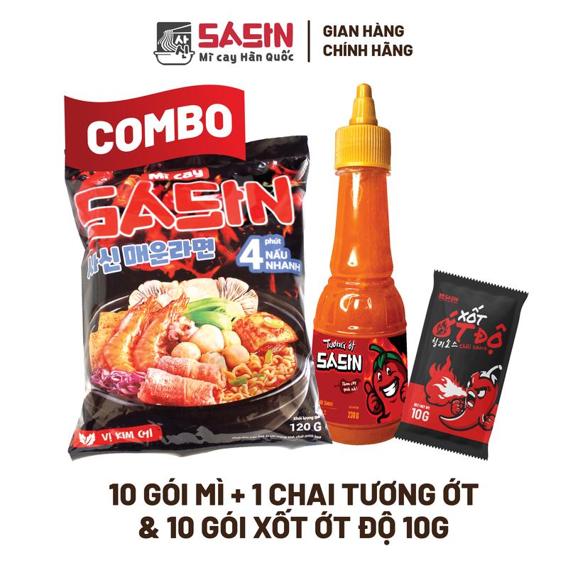 Combo 10 gói mì cay Sasin vị kim chi 120g + 1 chai tương ớt + 10 gói xốt ớt độ 10g