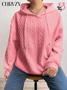 CURVZY Plus Size Solid Textured Drop Shoulder Hoodie, Fashion Casual Drawstring Pocket Hooded Sweatshirt for Daily Holiday Outdoor Wear, Women Clothing for Fall & Winter