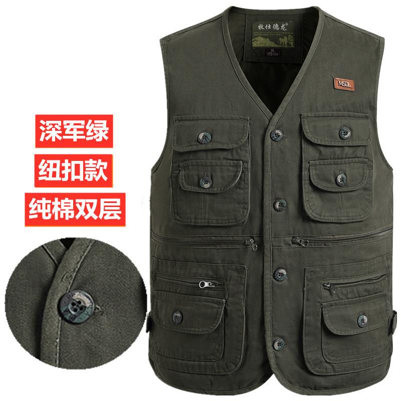 Product Introduction of Spring and Autumn Pure Cotton Men's Vest Middle-Aged and Elderly Hurdle Vest Jacket Men's Dad Button with Buttons Multi-Pocket Vest Menswear Tops Lingerie Gilet Waistcoat Beige Plain Human Tropical 30