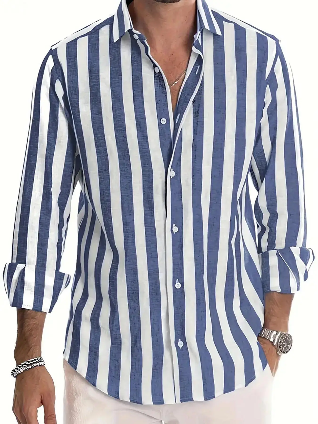 Men's Striped Print Long Sleeve Dress Shirt, Regular Fit Casual Business Formal Button Front Collared  Top for Work Office, Fashion Men's Clothes for All Seasons