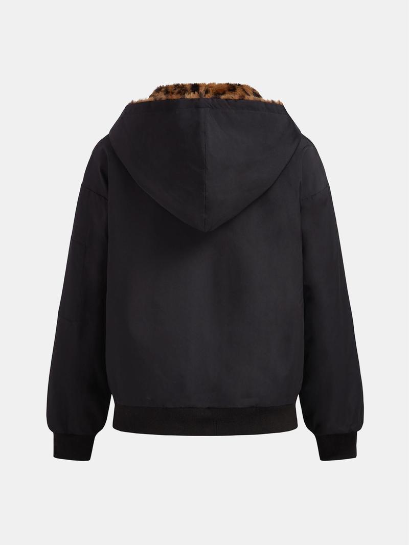 Product Introduction of YOZY Women's Leopard Print Zip Up Thermal Lined Reversible Hooded Jacket, Fashion Casual Long Sleeve Pocket Outerwear for Daily Outdoor Wear, Women Clothing for Fall & Winter 6