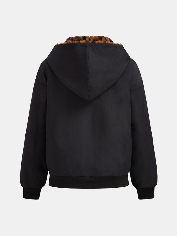 YOZY Women's Leopard Print Zip Up Thermal Lined Reversible Hooded Jacket, Fashion Casual Long Sleeve Pocket Outerwear for Daily Outdoor Wear, Women Clothing for Fall & Winter 1