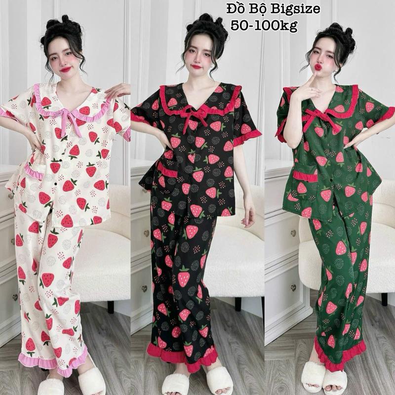 Đồ Bộ Bigsize - Đồ Ngủ Mặc Nhà Pijama Bigsize Lụa Nhật Dài Tay Ngắn Bèo Tiểu Thư Cao Cấp Xinh Xắn 50-100kg Nhung Nữ Nho Women Quần Ngủ - 2396