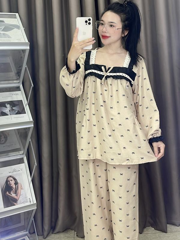 Mina clothing Bộ Bầu và Sau Sinh Nơ cổ vuông có khoá kéo chun rút chỉnh viền bèo Váy Bầu Đầm Bầu