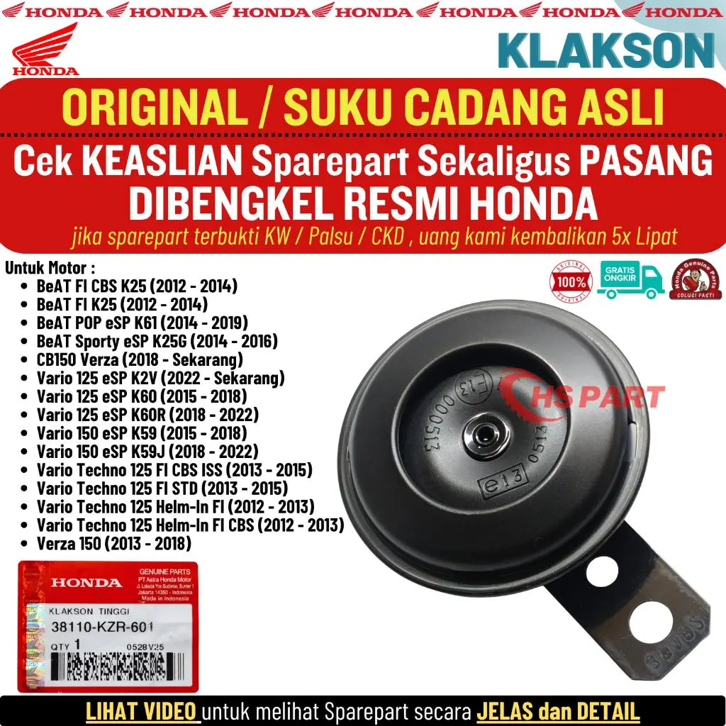 Klakson Beat Fi Esp Beat POP Street Vario 125 150 Old New Led CB150 Verza Original Honda 100%