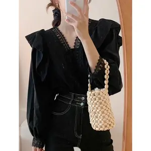 Fashion Wanita - Kemeja Hitam Wanita - Lengan Panjang Puff - Original By Chicmore - Ruffle Kerah V - neck - Blouse Renda Elegan - Atasan Modis - Baju Formal - Pakaian Chic