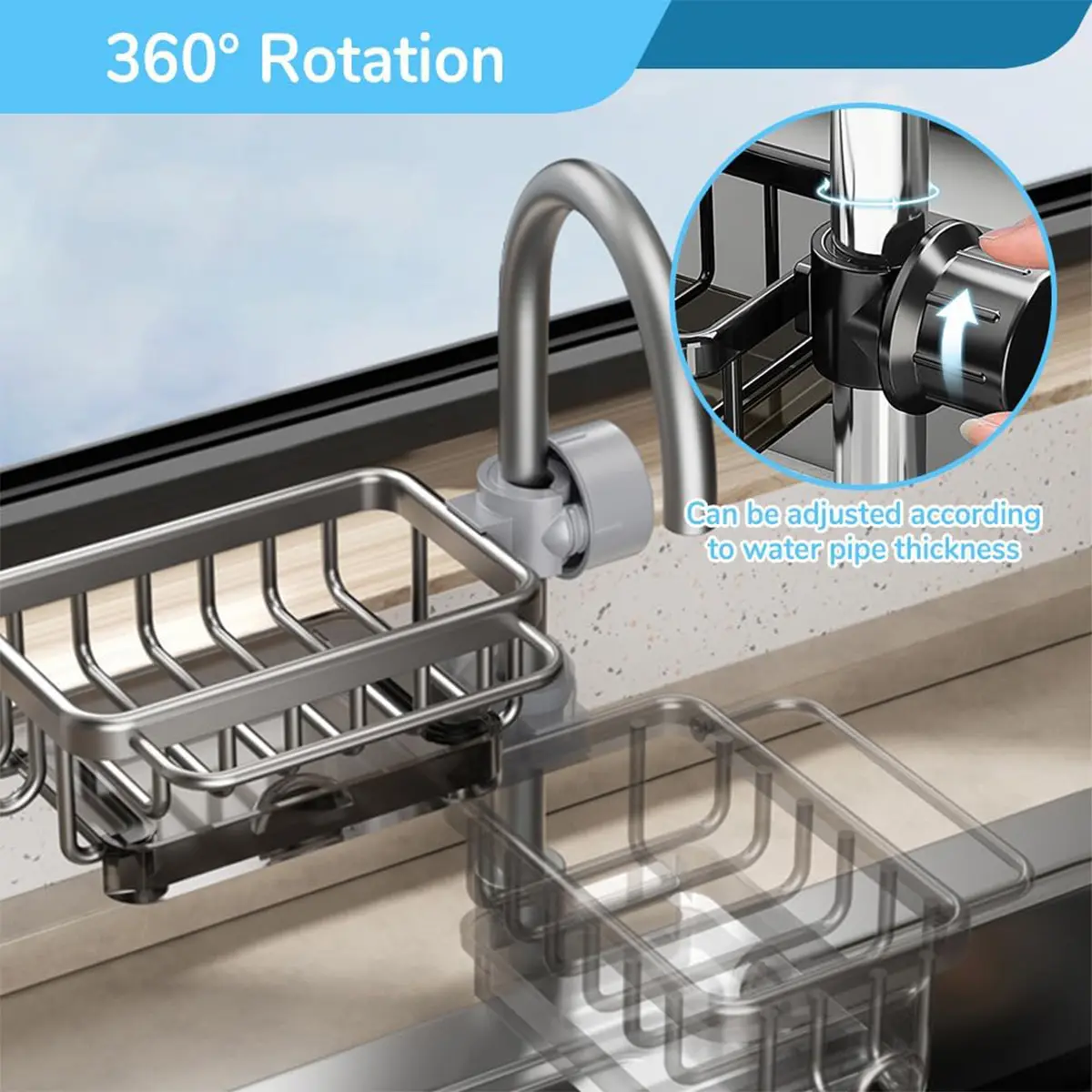 Upgraded Kitchen Drain Rack With Rod Type With Drain Tray Faucet Rack Kitchen Dishwashing Sink Drain Basket Multi-Function Rag Storage Rack Hanging Light