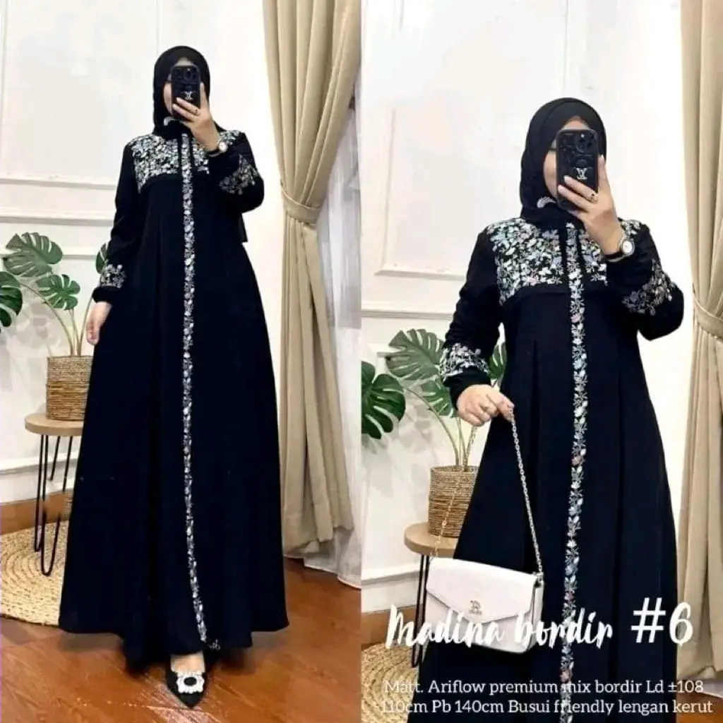Cod Gamis Crinkle Mix Bordir Wanita Terbaru 2024 Madina Dress Pesta kondangan Lebaran Wanita Muslim Simple Elegan Kekinian Hitam Putih Cantik Lembut Panjang Mewah Airflow Tebal Ruffle Variasi Nyaman Dewasa basic