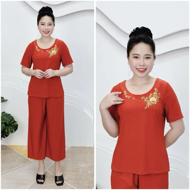 T65 Đồ bộ trung niên, set bộ cho mẹ thun aty mỹ mềm mát, quần ống rộng 9 tấc, 50-85kg Nữ Áo Women Nhung 8