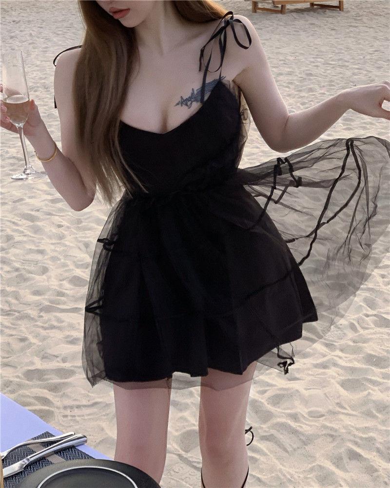 Product Introduction of #D2130# Sweet and Spicy Girl Mesh Sling Dress for Women Spring Black Ruffle Edge Short Skirt with Waist Closure Sexy Princess Fluffy Skirt Casual Womenswear Lingerie Lady Casual Wear Comfort Summer Basic Gowns 8