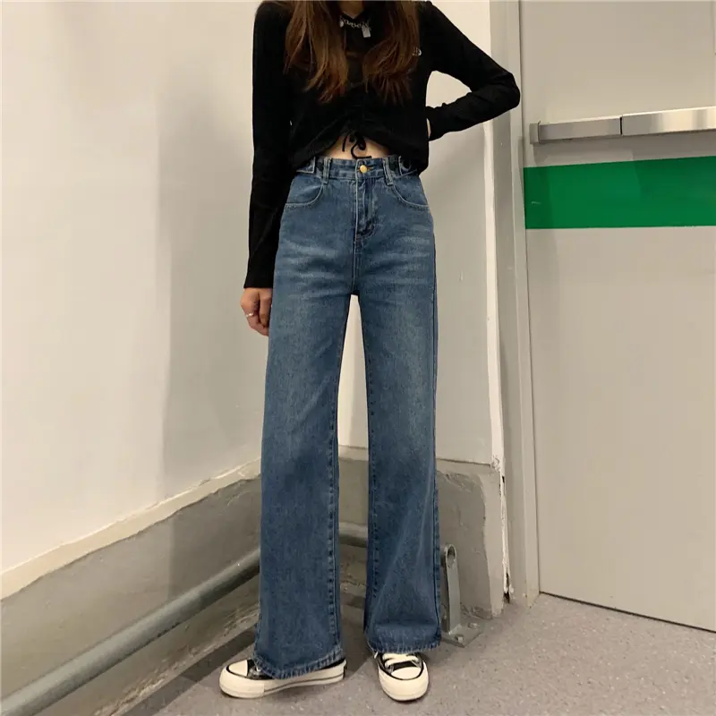 Korean style biru laut vintage loose straight high waist celana jeans wanita(gambar fisik)--8093 5