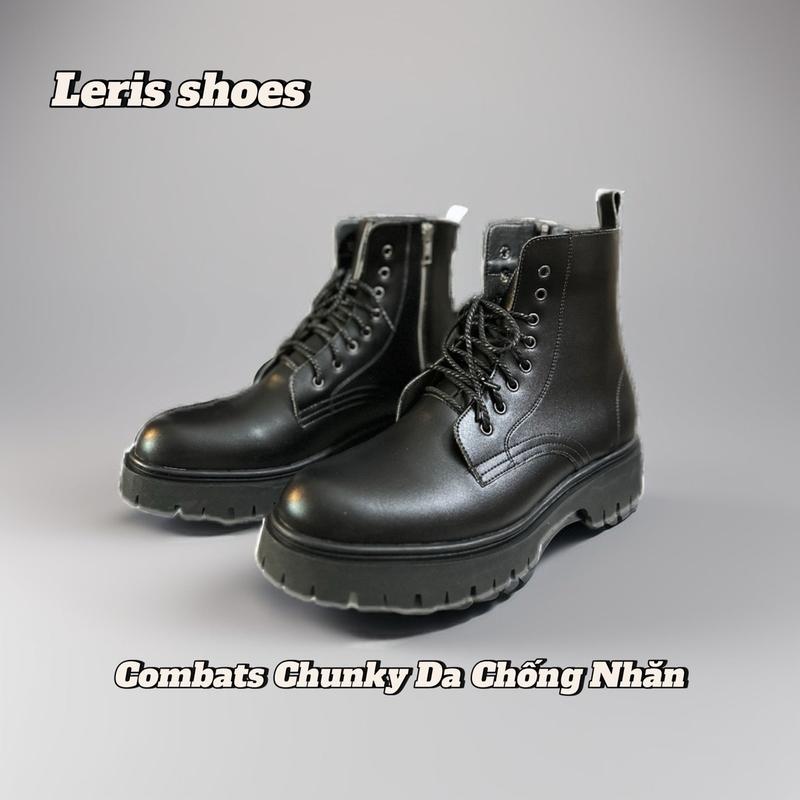 Chunky combat boot Shoes khoá kéo Mũi tròn. Giày da nam tăng chiều cao 5cm. Đế Cao Su