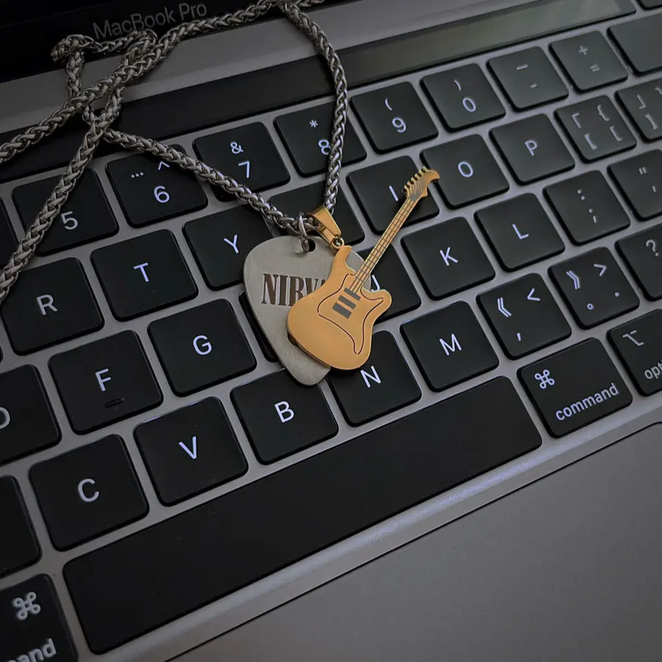 Rock Vintage Titanium Steel Guitar Pick Double Pendant Necklace Smiley Face Logo- Trendy Punk Style Jewelry