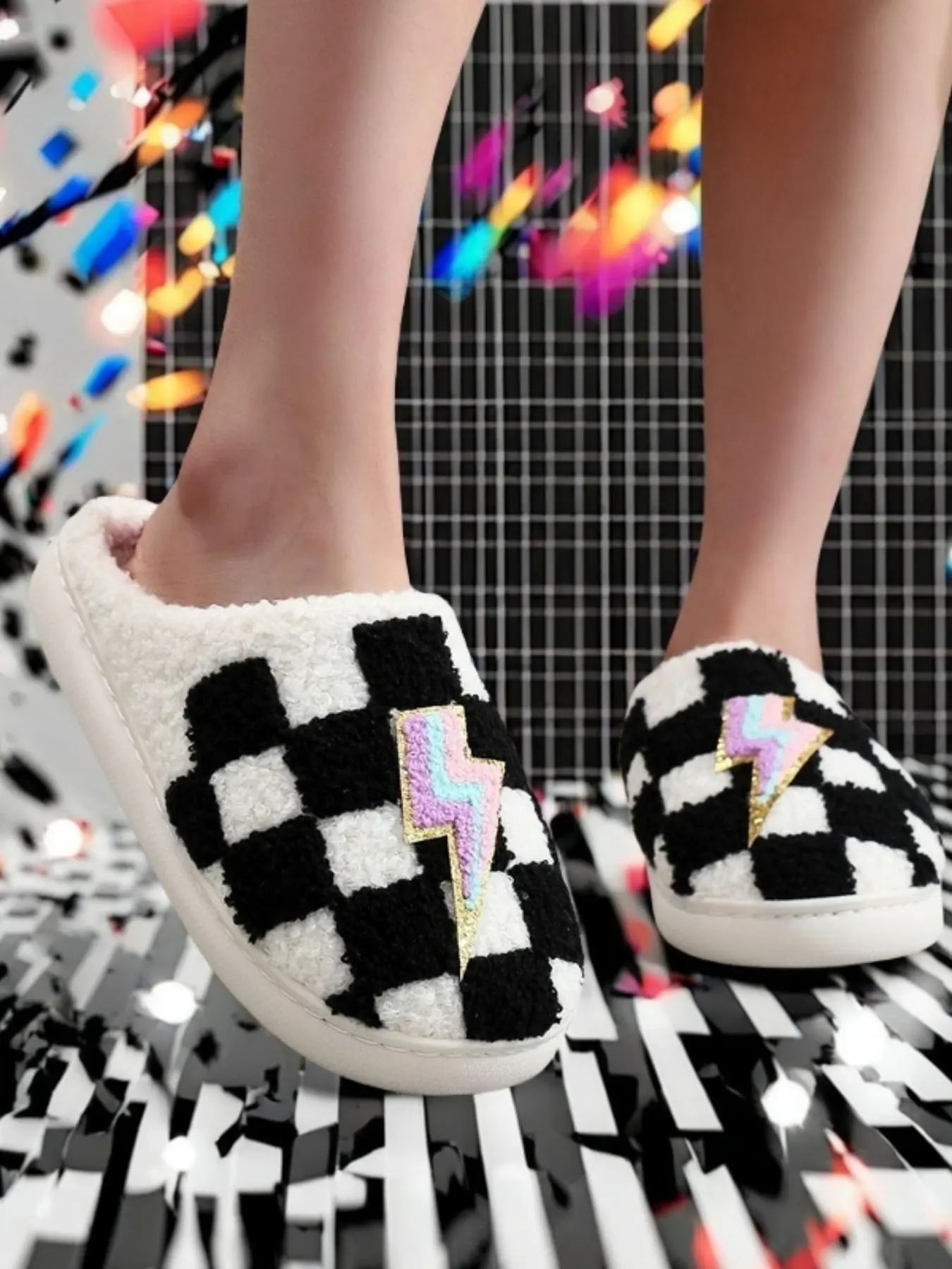 Women's Plaid Lightning Pattern Plush Slippers, Casual Soft Comfortable Flat Home Slippers, Warm Slippers for Indoor & Outdoor Use for Fall & Winter