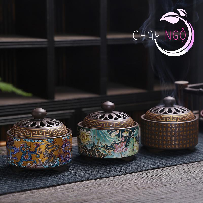  Lư Xông Trầm Hương Đỉnh đốt nhang bằng gốm sứ cao cấp có hoa văn chạm khắc 