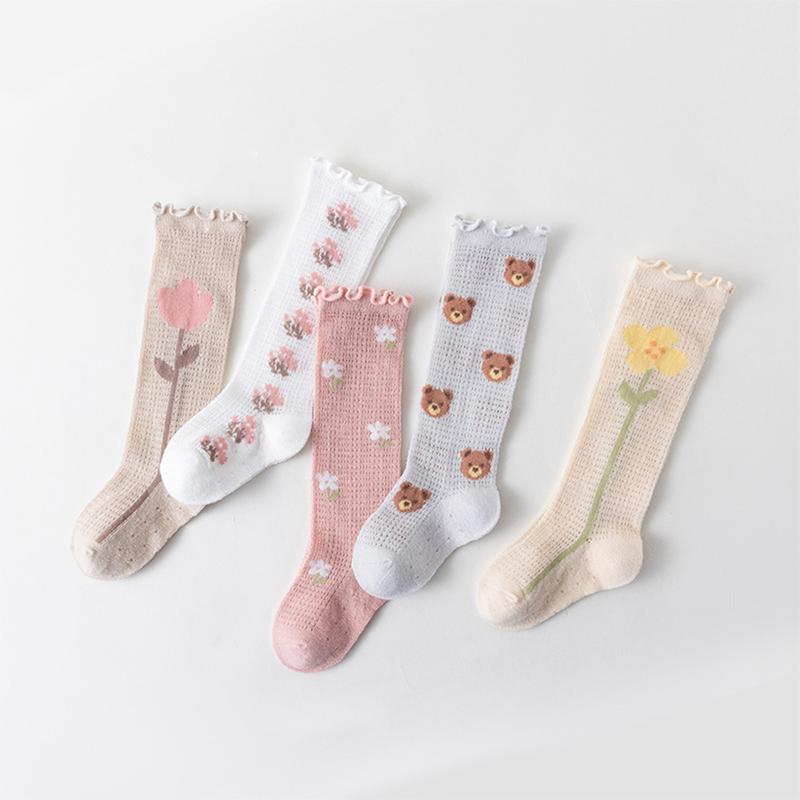 Product Introduction of Baby Socks for Girls Flower/Bear Print Mosquito Protection Mid-Calf Socks Spring Summer Breathable Kids Mesh Thin Socks 44