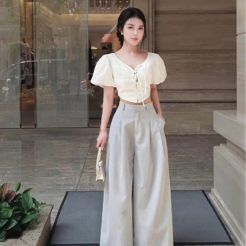 Ceci Cela - Quần ống rộng kaki kẻ sọc nhí Double Pants