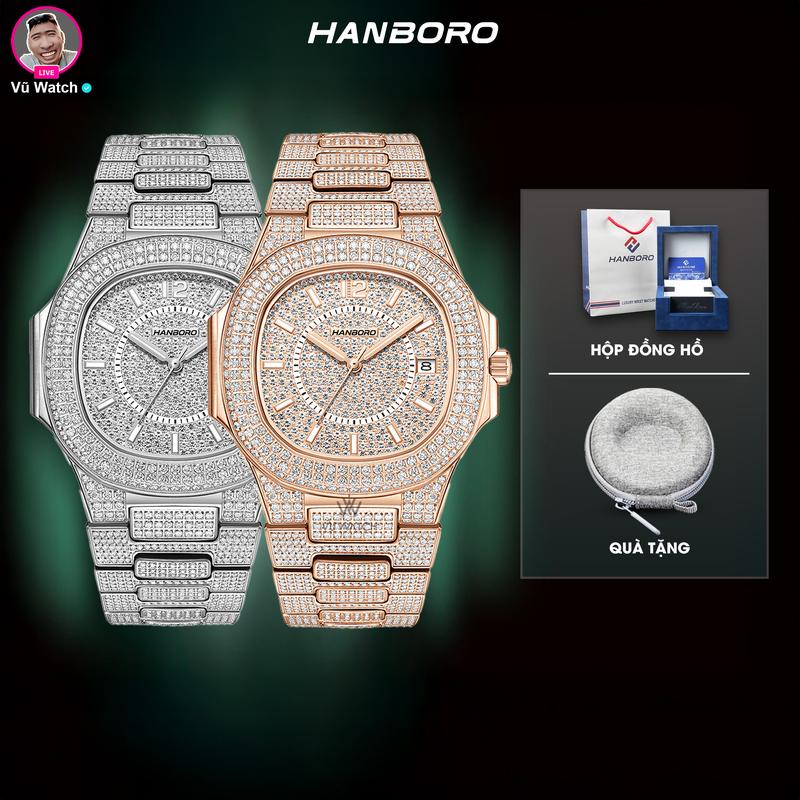 Đồng hồ nam Hanboro 8025 [5355] khung bạc & khung vàng  full đá size 40mm |Tặng kèm bóp đựng đồng hồ