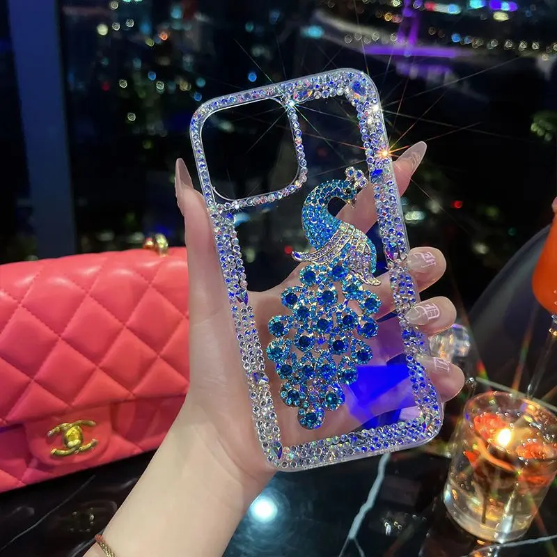 Vỏ kim cương giả sang trọng cho Apple 14 Ốp Điện Thoại 12Promax, vỏ bảo vệ con công, trong suốt, bao gồm tất cả, XR, mềm