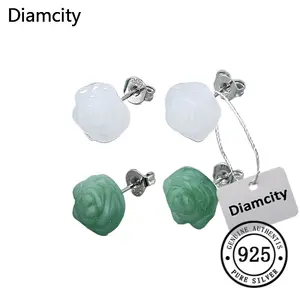 Diamcity Anting Jade Hetian Bunga Mawar Ukiran Tangan Yang Elegan Dan Indah