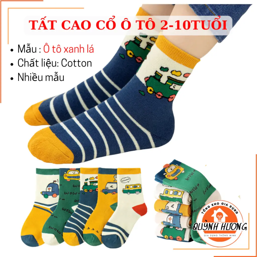 Combo 5 đôi Tất cao cổ ô tô XANH LÁ cotton mềm giữ ấm chân cho bé trai, bé gái (2- 10 tuổi)