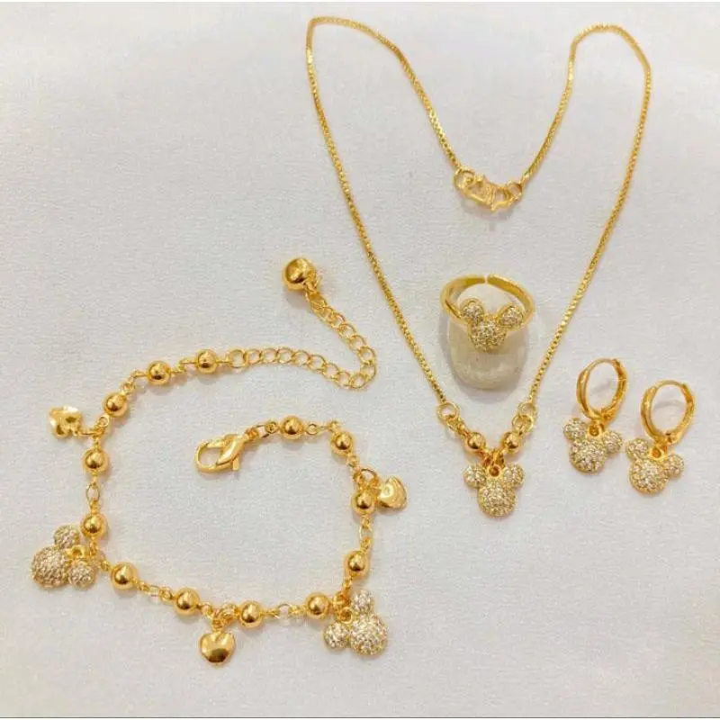 PROMO COD SATU SET PERHIASAN ANAK ANAK PEREMPUAN TITANIUM GOLD KOMPLIT KALUNG GELANG ANTING CINCIN MOTIF MIKYMOUS MATA ANTI LUNTUR Fashion Costume 1