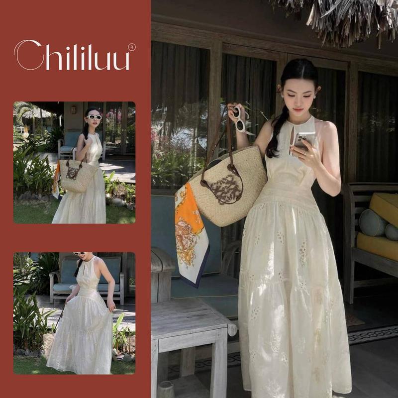 Đầm hở lưng Chililuu váy yếm dáng dài sát nách hở lưng thêu hoa phong cách tiểu thư nhẹ nhàng