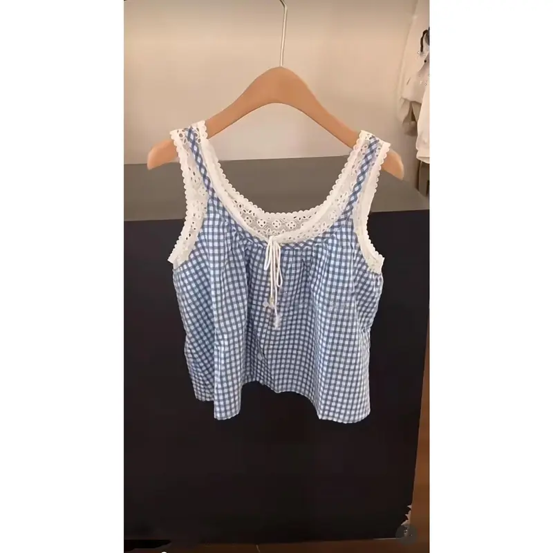 Áo Vest Kẻ Sọc, Phong Cách Pháp, Thiết Kế Kẻ Sọc Tươi Mới Buộc Dây, Khâu Ngọt Ngào, Dễ Phối Đồ, Dáng Rộng Vừa Vặn, Hai Mảnh Giả, Có Dây Đeo 6