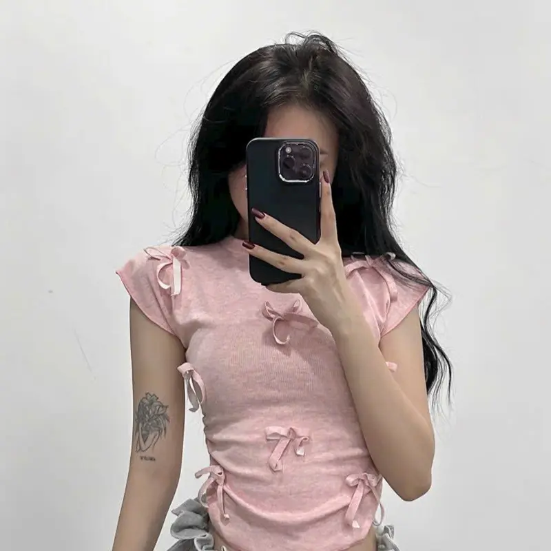 Áo thun nữ cổ cao tay hến đính nơ, bo chun hai bên eo - Women, Top 2