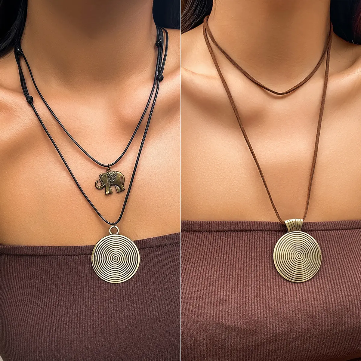 Ethnic style retro log chip necklace women's versatile long beaded wax thread sweater chain couple jewelry