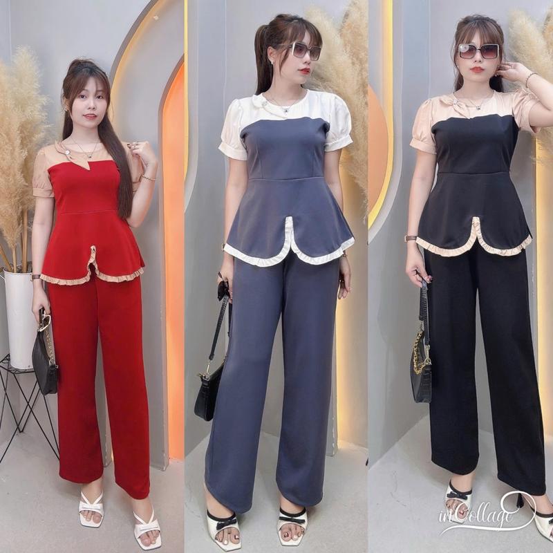 Sét Thiết Kế Bigsize Nữ 60-95kg - Quần Suông Áo Phối Lụa Cổ Viền Bèo Đính Nơ, Tay Phồng Chất Thun Poly Co Giãn Phối Lụa Nhung Women Top
