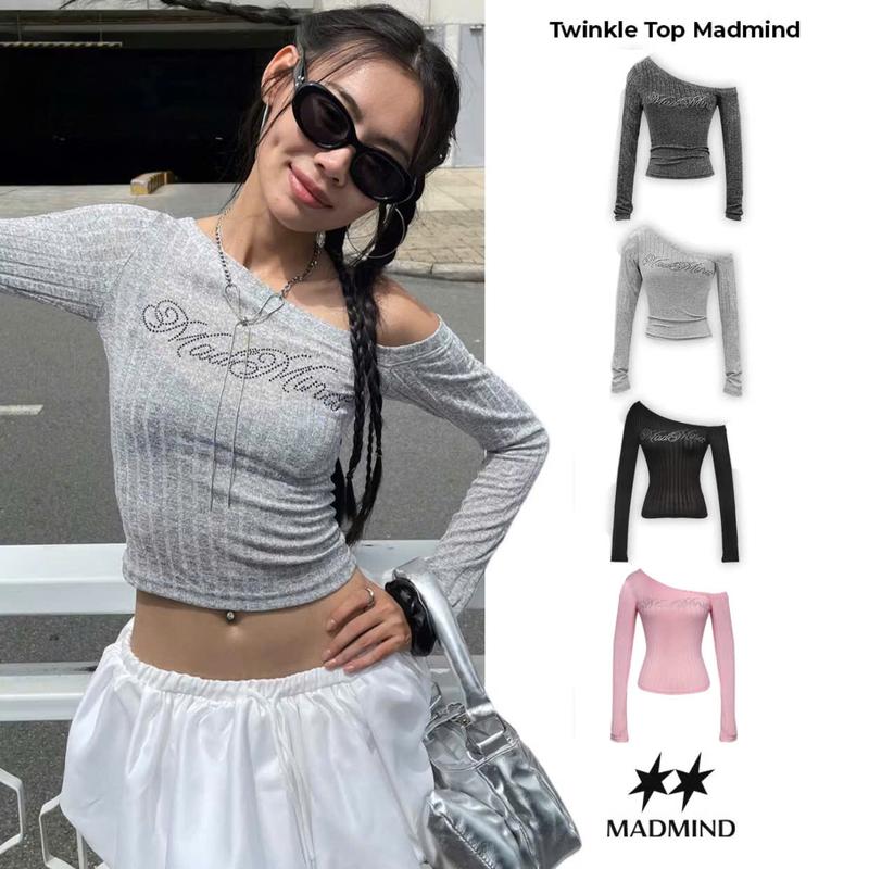 Áo Nữ Trễ Vai Ôm Body Dài Tay Đính Đá Twinkle Top MADMIND - Áo Lệch Vai 1 Bên Chéo Màu Đen / Xám Đậm / Xám Trắng / Hồng y2k Women Top