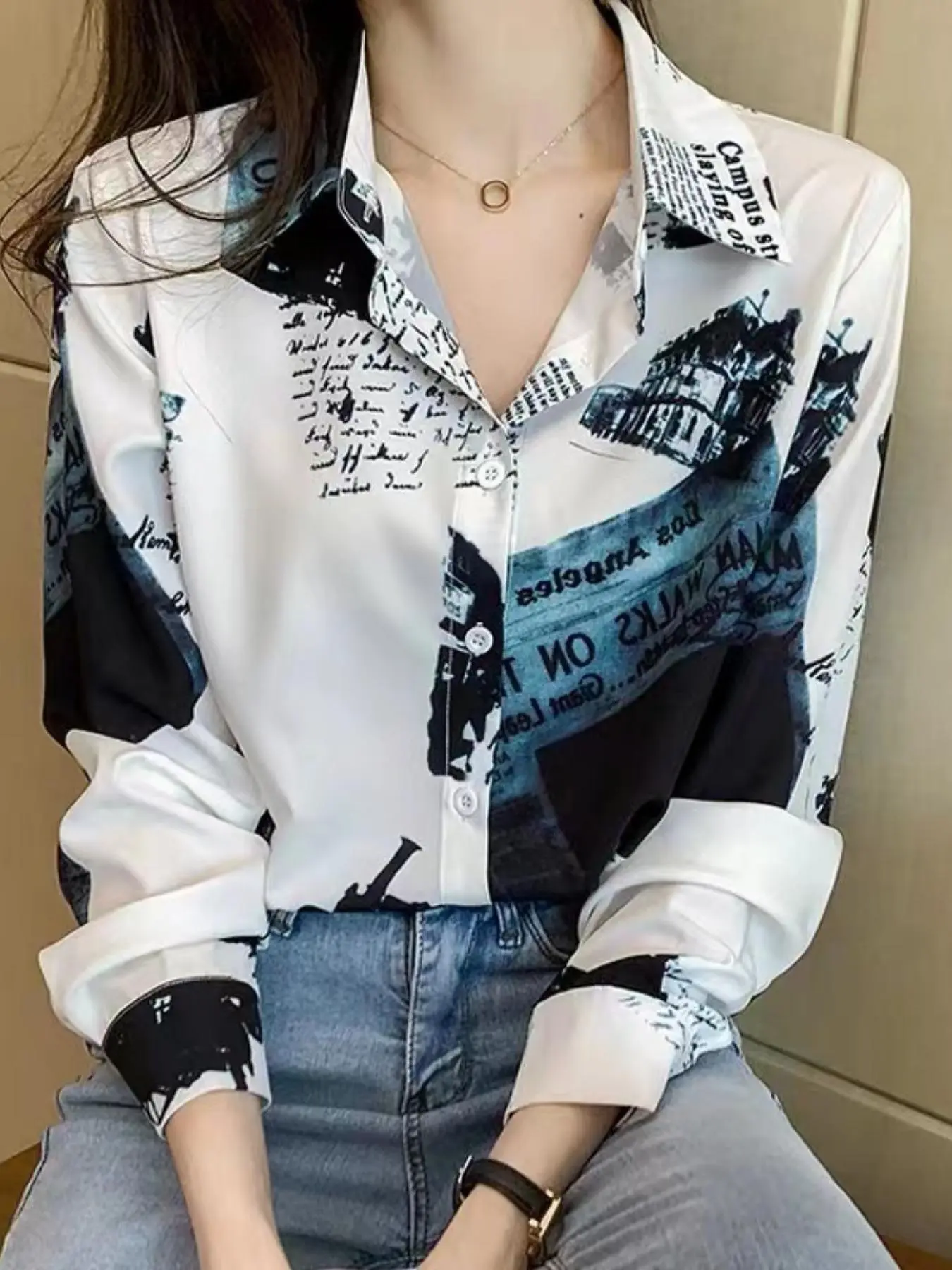 Women's All Over Print Button Down Shirt, Long Sleeve Collared Button Up Blouse For Spring & Fall, Fashion Women's Top For Daily Wear
