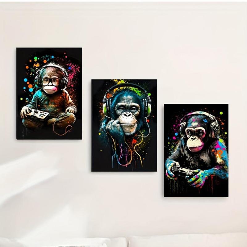 Product Introduction of Monkey & Game Console Pattern Wall Art Poster, 3 Counts Canvas Painting Without Frame, Decorative Modern Hanging Pictures For Living Room Bedroom Office 0