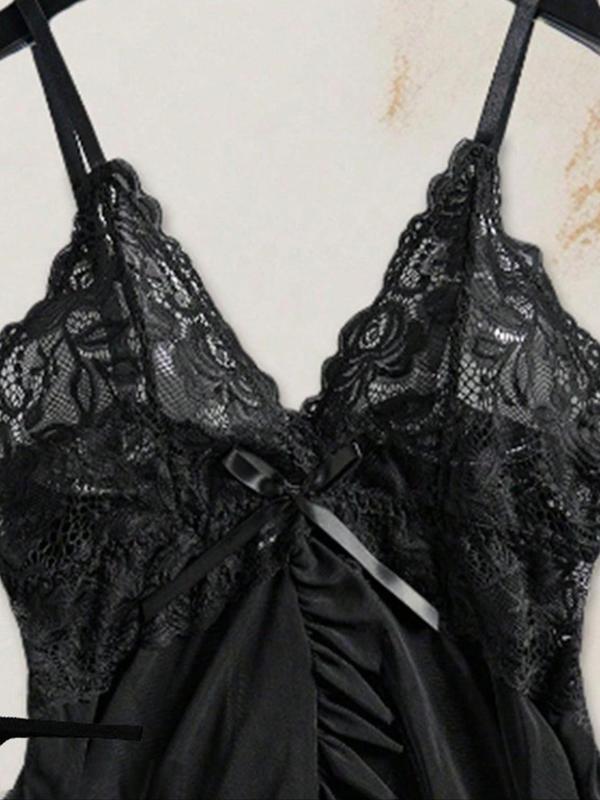 Women's Solid Color Floral Lace Bow Decor Deep V Neck Sheer Mesh Cami Nightdress & Thong, Romantic Comfortable Breathable Adjustable Spaghetti Strap Backless Ruffle Hem Nightdress & Thong Set for Daily Wear, Women Sexy Lingeries & Costumes 5