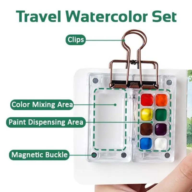 Mini Travel Watercolor Palette Set, 5 Counts/set Portable Wooden Watercolor Paint Box with Sketchbook & Color Pigments & Refillable Water Brush & Clip, Artist Bundle, Portable Art Supplies for Indoor & Outdoor 4