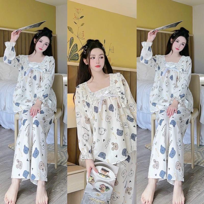 Bộ bầu - bộ sau sinh - BỘ DÀI ĐŨI GÂN HÌNH CỔ VUÔNG REN - 13 Màu Áo Có Khoá Kéo Hai Bên & Quần Có Chun Chỉnh