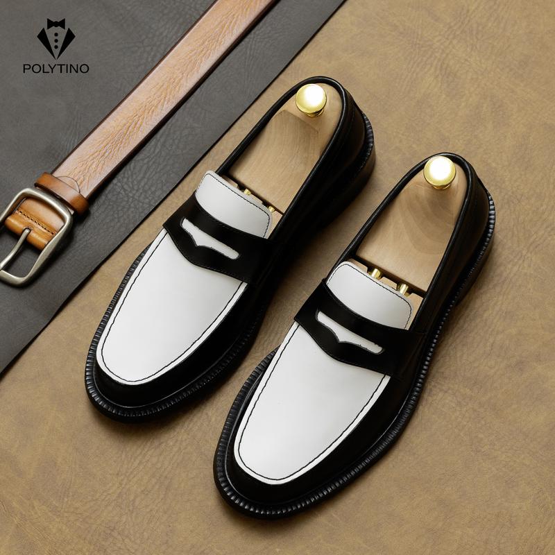 Giày LOAFER 004 Đen Trắng Nam Da Bò Tăng Chiều Cao Đế Gỗ POLYTINO
