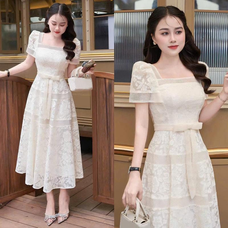 Đầm Nữ Thiết Kế EMME V1931 Ren Cổ Vuông Tay Ngắn Mix Đính Nơ Dáng Dài Cách Điệu 0
